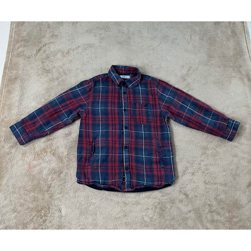 Mayoral Plaid Flannel Shirt Jacket Boys Size 3 Navy Red Lined Snap Front L/S